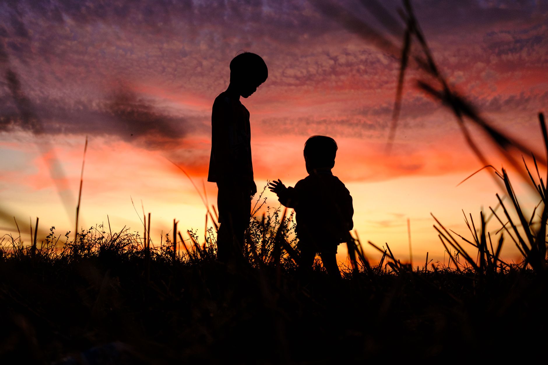 Silhouette de deux enfants côte à côte dans un champ au coucher du soleil, évoquant un lien fraternel