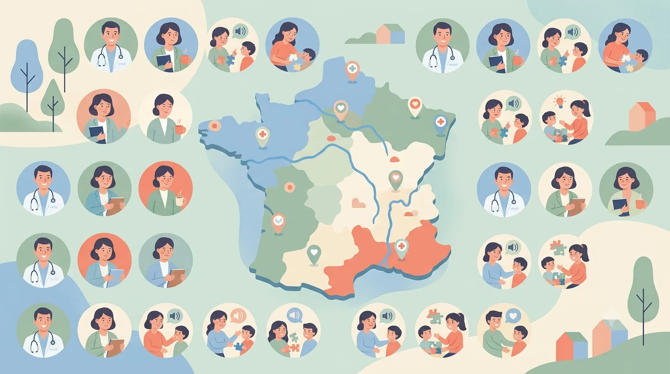 Illustration d'une carte de France avec points de localisation et professionnels du soin (médecin, psychologue, orthophoniste, éducateur) — annuaire des professionnels TND, Ma Tribu Atypique