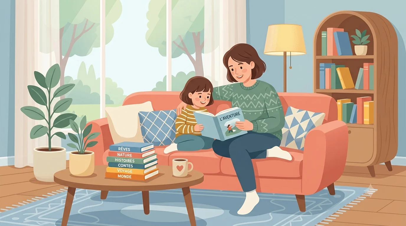 Illustration d'un coin lecture chaleureux, parent et enfant lisant ensemble avec une pile de livres — sélection de livres TDAH pour parents, Ma Tribu Atypique