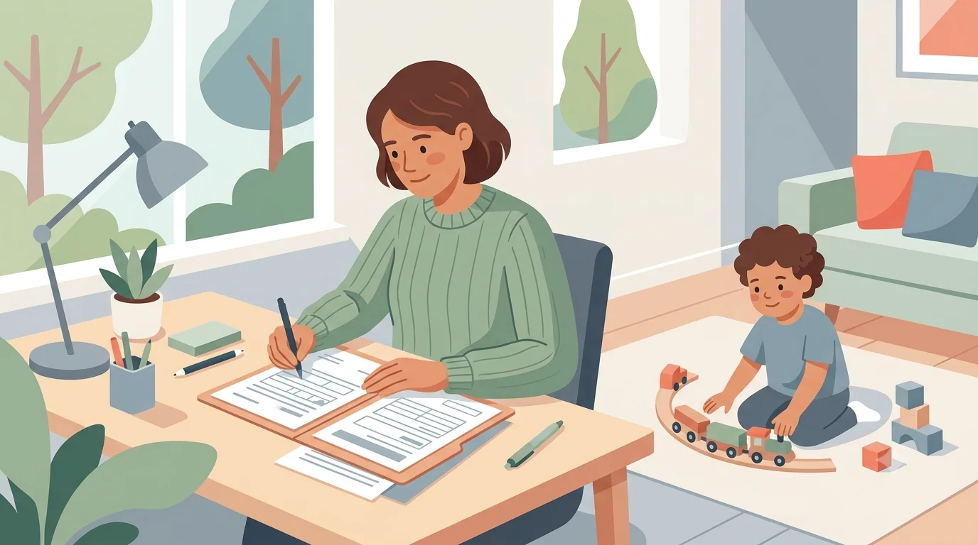 Illustration d'un parent remplissant sereinement le dossier MDPH à son bureau pendant que son enfant joue — projet de vie MDPH enfant, Ma Tribu Atypique