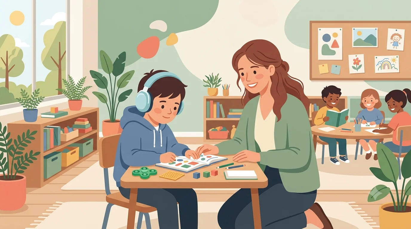 Illustration d'une classe inclusive : enfant avec casque anti-bruit et matériel sensoriel accompagné par son enseignante — aménagements scolaires TDAH (PAP, PPS), Ma Tribu Atypique