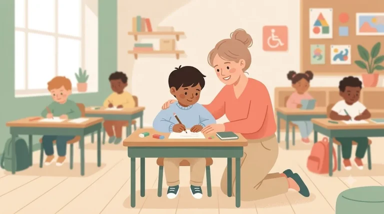 Accompagnante d'élève (AESH) aidant un jeune enfant à son pupitre dans une classe inclusive lumineuse — obtenir une AESH pour un enfant TND, Ma Tribu Atypique