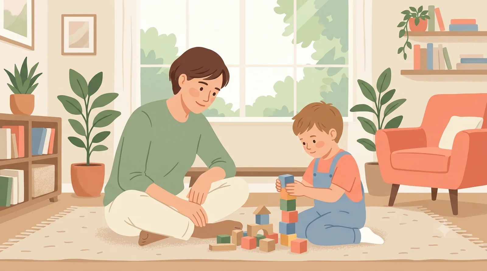 Parent et jeune enfant autiste jouant ensemble avec des cubes de construction dans un salon lumineux et apaisant — guide autisme enfant, Ma Tribu Atypique