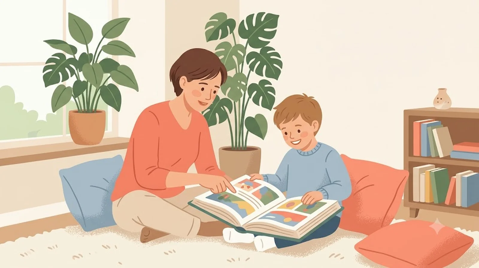 Parent et enfant lisant ensemble un grand livre illustré dans un coin lecture chaleureux — guide DYS enfant (dyslexie, dyspraxie), Ma Tribu Atypique