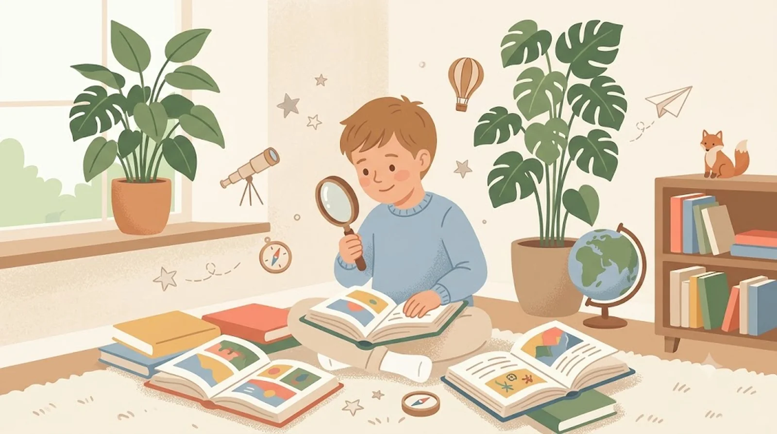 Enfant curieux avec une loupe, entouré de livres, d'un globe et d'étoiles évoquant l'imagination — guide HPI enfant, Ma Tribu Atypique