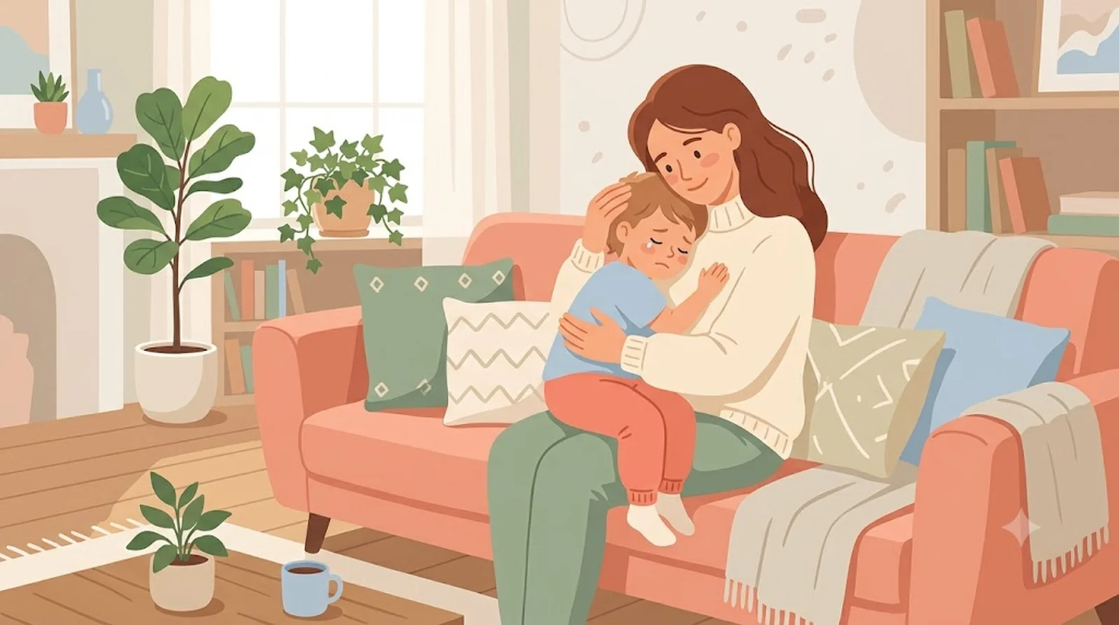 Parent berçant tendrement son enfant pour l'apaiser après une surcharge émotionnelle dans un salon cosy — comprendre et calmer un meltdown autiste, Ma Tribu Atypique