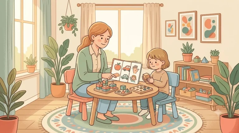 Éducatrice accompagnant un jeune enfant autiste avec des cartes imagées et des jeux éducatifs — méthodes ABA, TEACCH et Denver, Ma Tribu Atypique