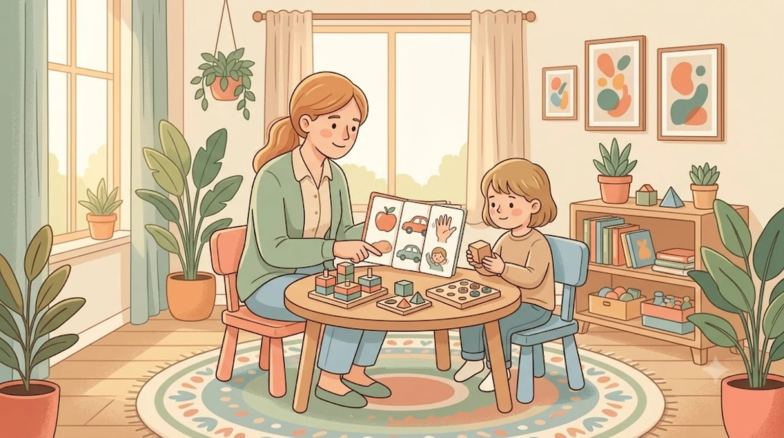Éducatrice accompagnant un jeune enfant autiste avec des cartes imagées et des jeux éducatifs — méthodes ABA, TEACCH et Denver, Ma Tribu Atypique
