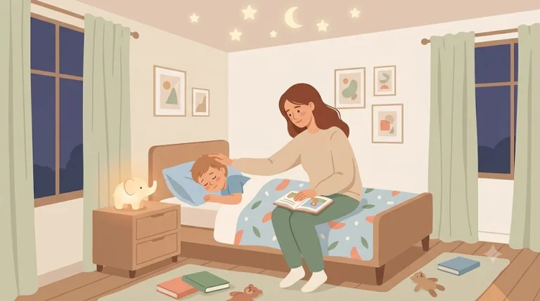 Enfant au coucher rassuré par son parent dans une chambre à la lumière tamisée avec veilleuse et étoiles — TDAH et sommeil de l'enfant, Ma Tribu Atypique