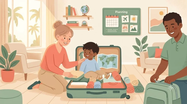 Parent et enfant préparant sereinement les vacances avec une valise ouverte dans une maison lumineuse — organiser les vacances avec un enfant TND, Ma Tribu Atypique