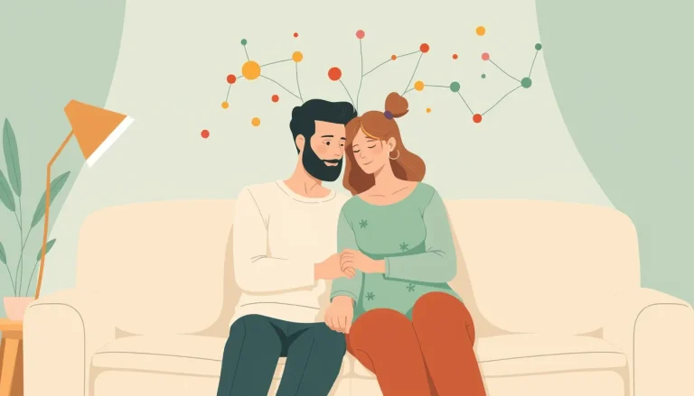 Couple neuroatypique enlacé sur un canapé, illustration TND (TDAH, autisme, HPI) — amour, complicité et sexualité