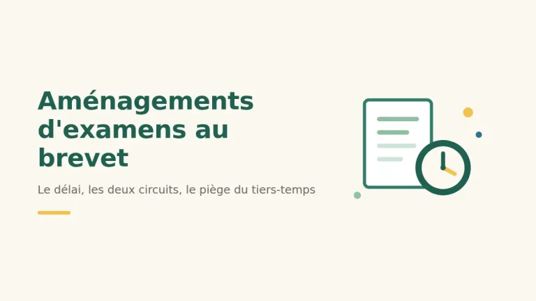 Aménagements d'examens au brevet : feuille d'épreuve et horloge illustrant le tiers-temps