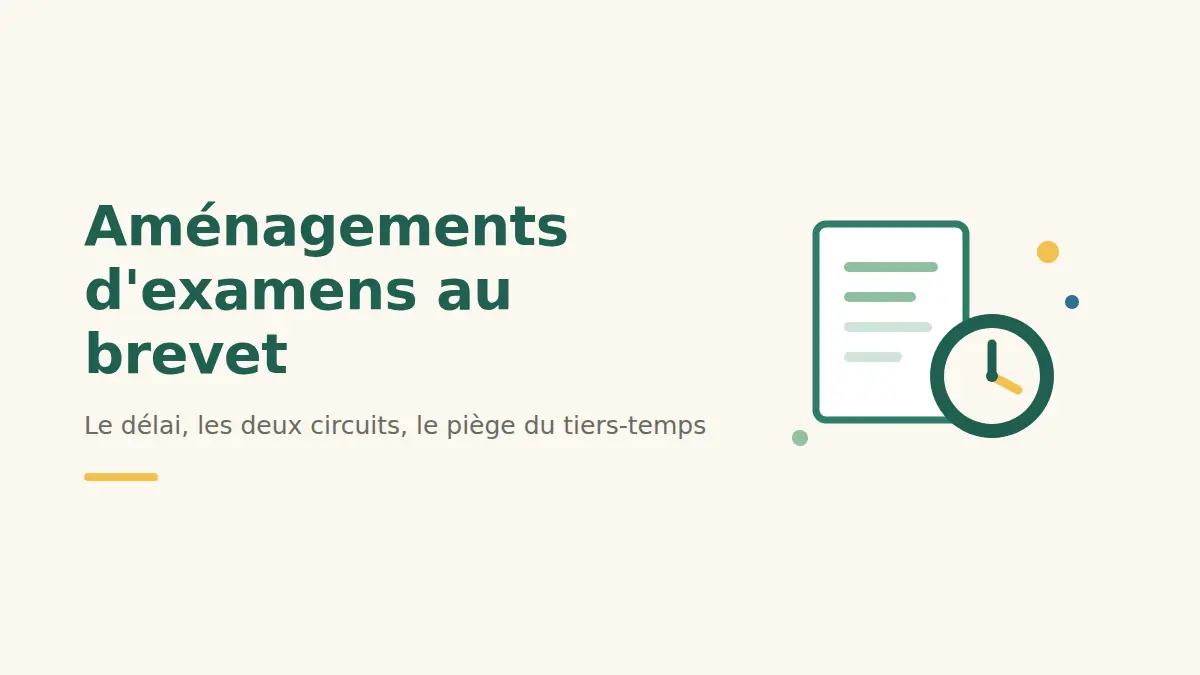 Aménagements d'examens au brevet : feuille d'épreuve et horloge illustrant le tiers-temps