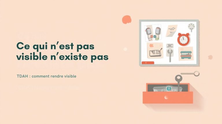 Illustration TDAH : tableau de routine en pictogrammes, minuteur visuel et tiroir entrouvert avec des clés, titre « Ce qui n'est pas visible n'existe pas »