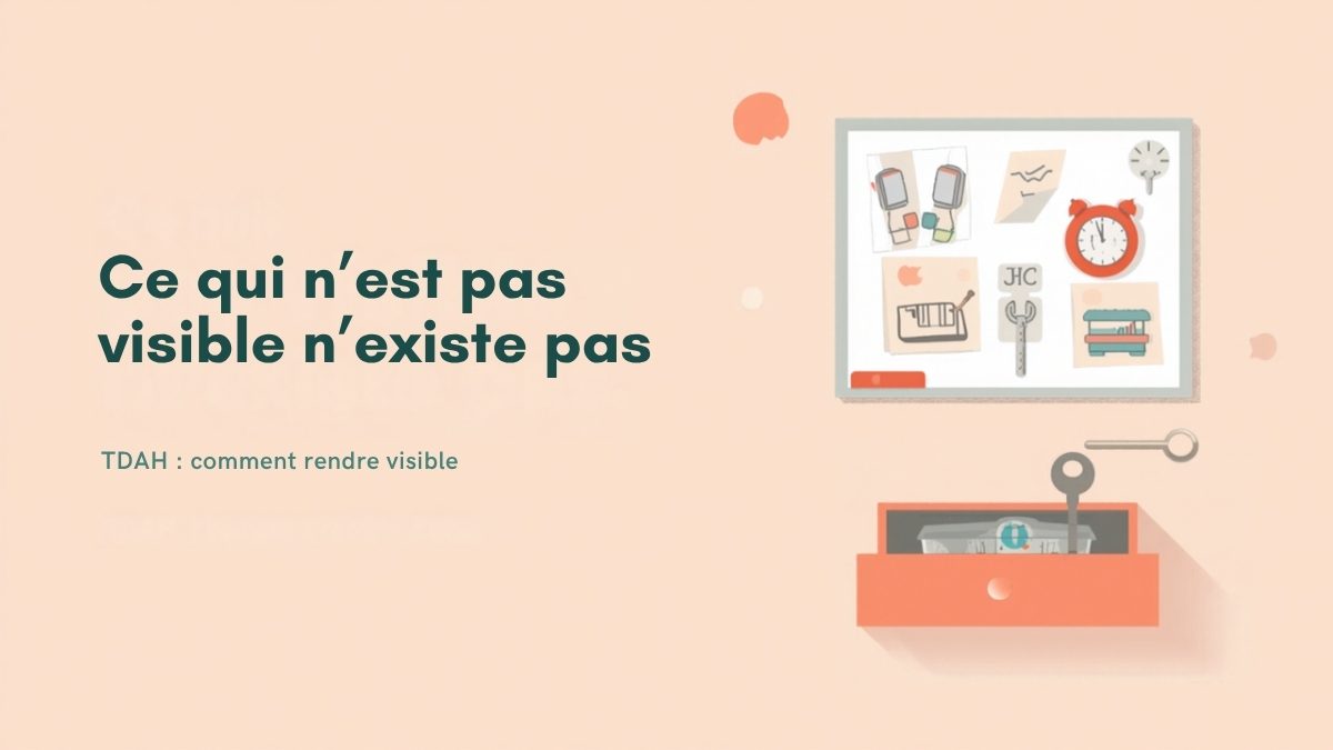 Illustration TDAH : tableau de routine en pictogrammes, minuteur visuel et tiroir entrouvert avec des clés, titre « Ce qui n'est pas visible n'existe pas »