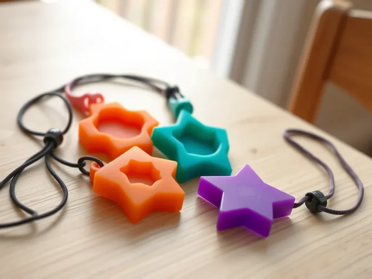 Trois pendentifs à mâcher en silicone coloré (orange, turquoise, violet) sur cordons, posés sur une table en bois