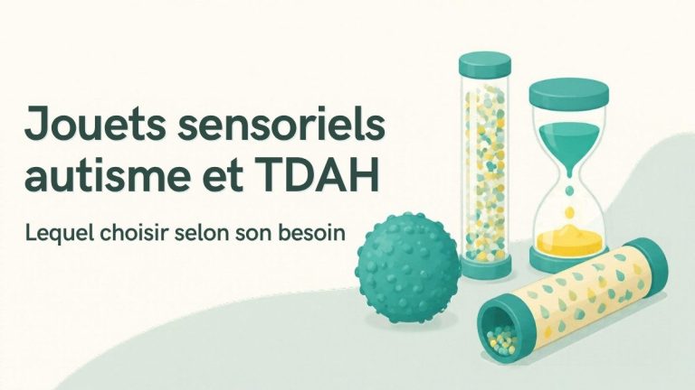 Jouets sensoriels pour enfant autiste ou TDAH : balle texturée, tube à paillettes, sablier liquide et bâton de pluie