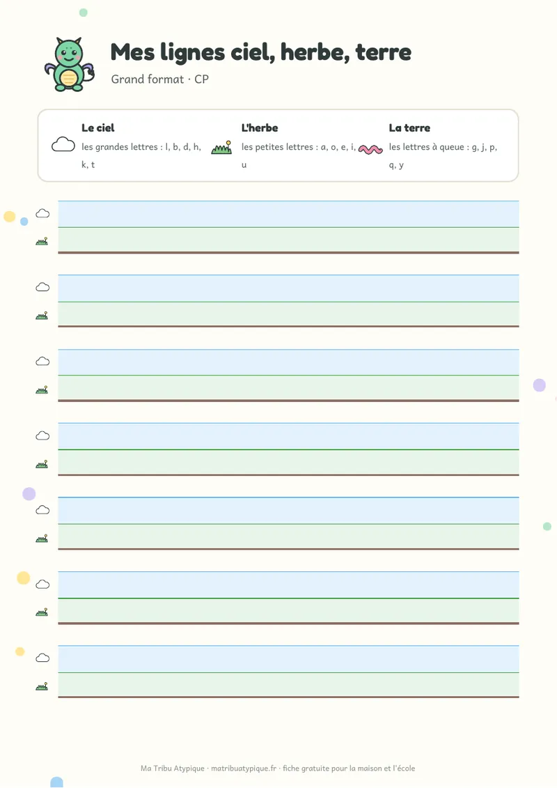 Fiche à imprimer : lignes d'écriture en couleur ciel, herbe et terre pour enfant dysgraphique, format CP