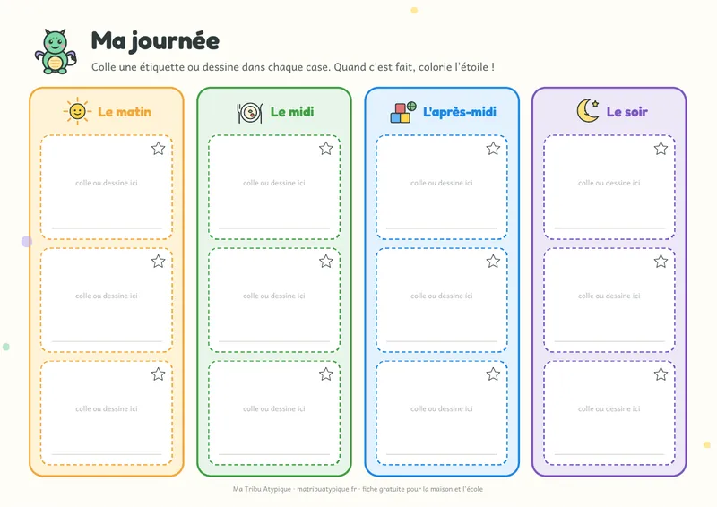 Planning visuel de la journée à imprimer pour enfant : matin, midi, après-midi, soir, avec étoiles à colorier