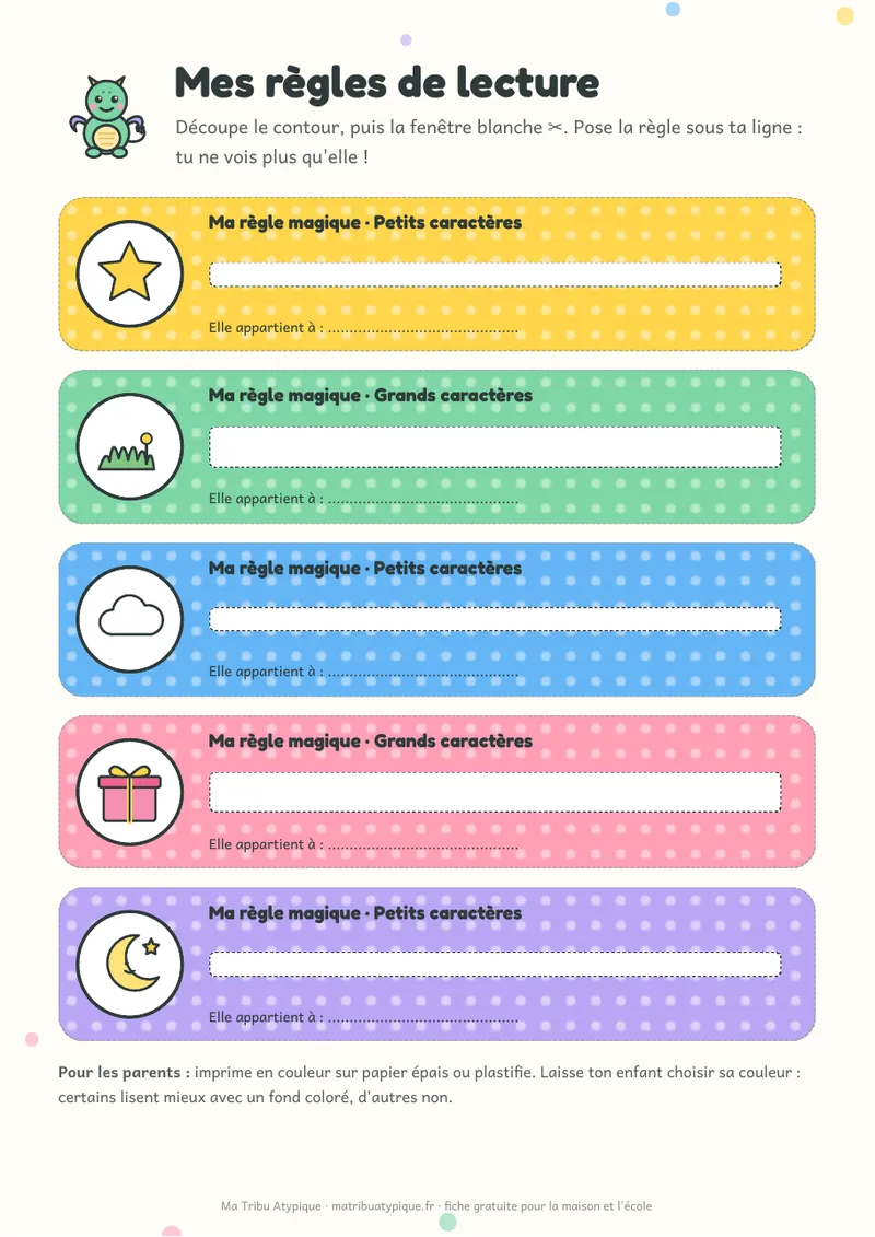 Fiche à imprimer : 5 règles de lecture colorées pour enfant DYS, avec une fenêtre de lecture et un petit dragon