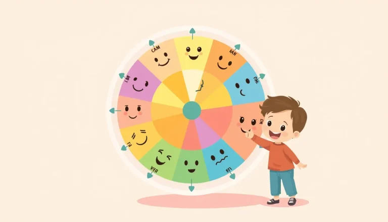 Illustration d'une roue des émotions pour enfant : un cercle de couleurs pastel avec des visages joyeux, tristes, en colère ou surpris, et un enfant qui la montre du doigt