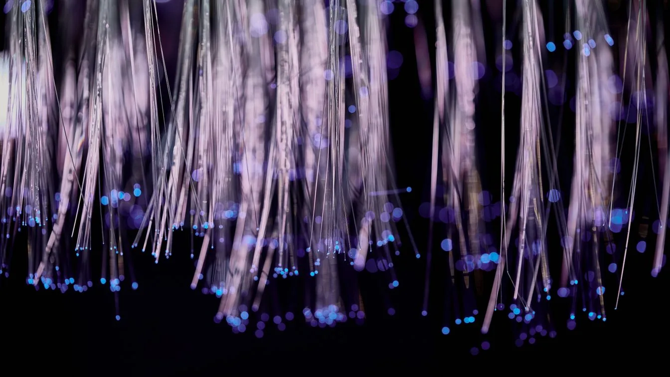 Fibres optiques lumineuses violettes et bleues, matériel typique d'une salle Snoezelen