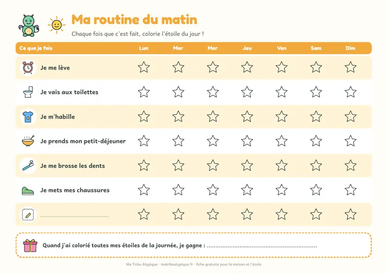Tableau de routine du matin à imprimer pour enfant TDAH : étapes illustrées et étoiles à colorier du lundi au dimanche